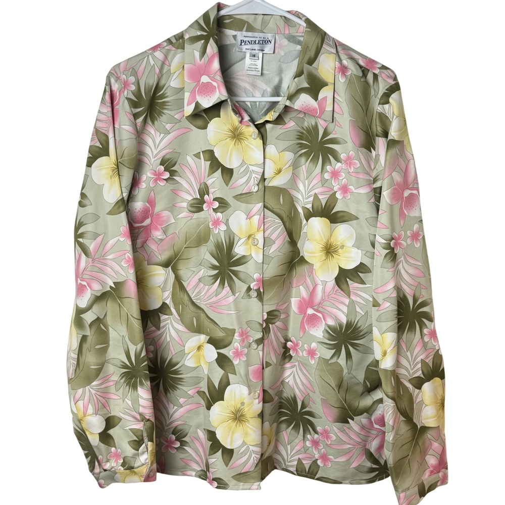 Pendleton Button Down Shirt 14‎ Green Silk Cotton Tropical Floral Long Sleeve